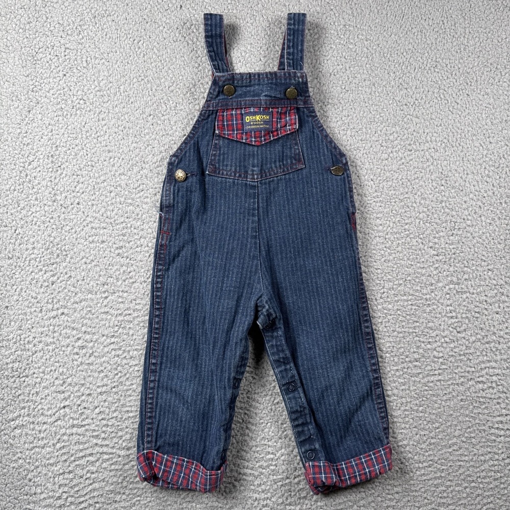 Vintage‎ Oshkosh Bgosh Overalls 24m Vestback Blue Denim Flannel Cuffs Pocket Bib